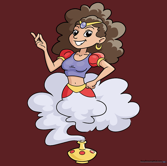 Fully colored drawing of a female genie with a magic lamp.