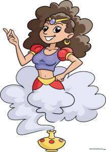 Colorful, finished illustration of a friendly female genie holding a magic lamp.