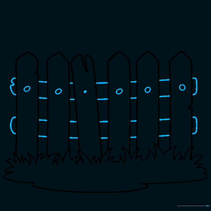 Horizontal support beams added to the fence with small circles indicating nails.
