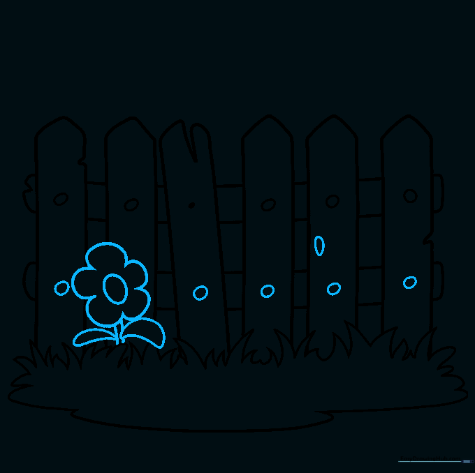 A simple cartoon flower with a stem and petals growing in front of the fence.