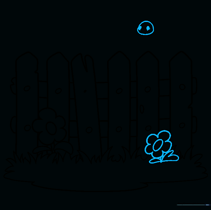 A second flower added to the fence and the outline of a bird's head appearing above the pickets.