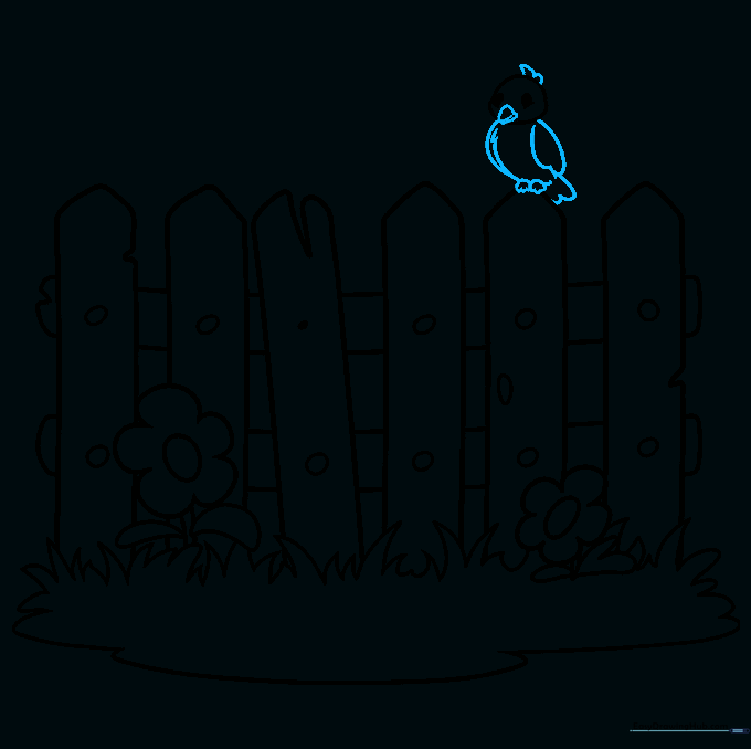 The completed cartoon bird perched on the fence with wings and beak visible.