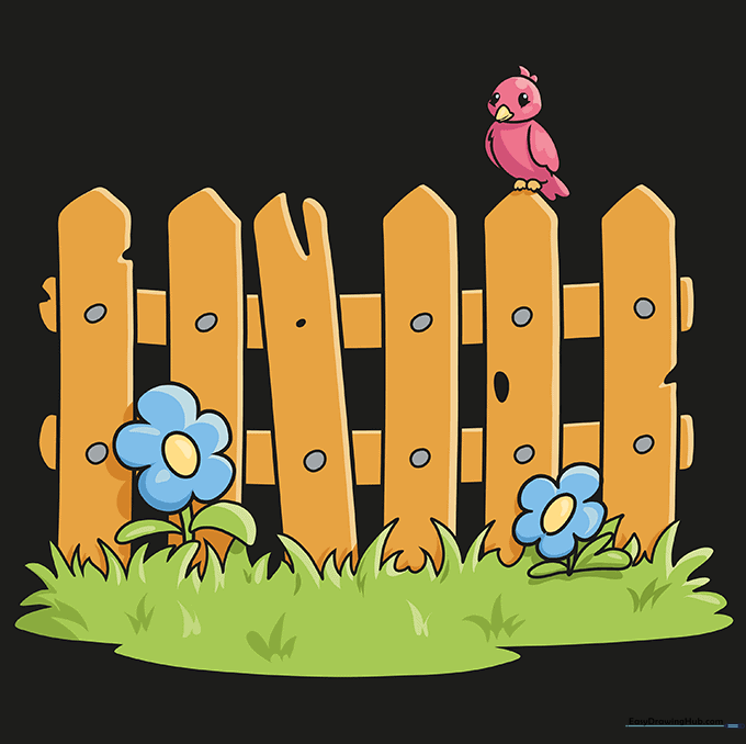 The fully colored cartoon fence scene with flowers and a bird.
