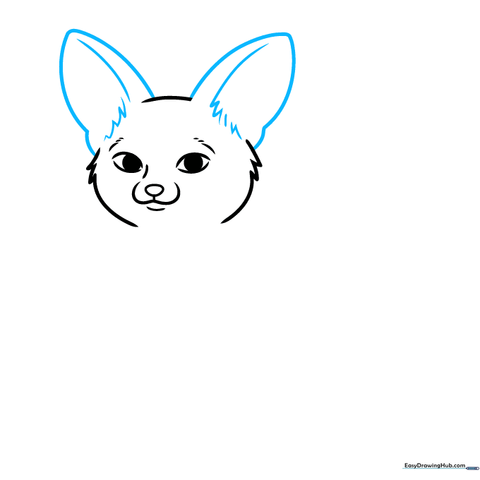 Sketching the large, triangular ears on top of the fox's head.