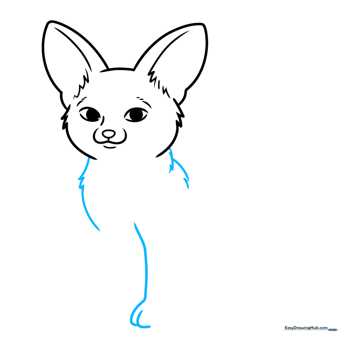 Drawing the fox's chest and front leg with detailed paw markings.