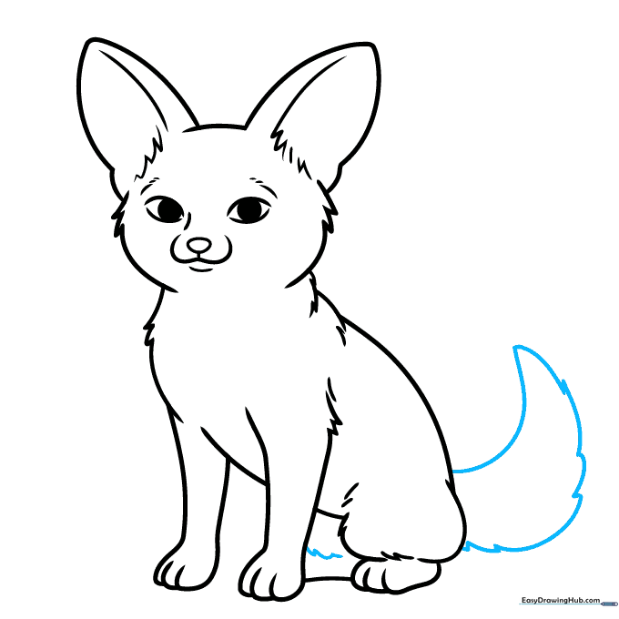 Adding the large, bushy tail to the fox's body.