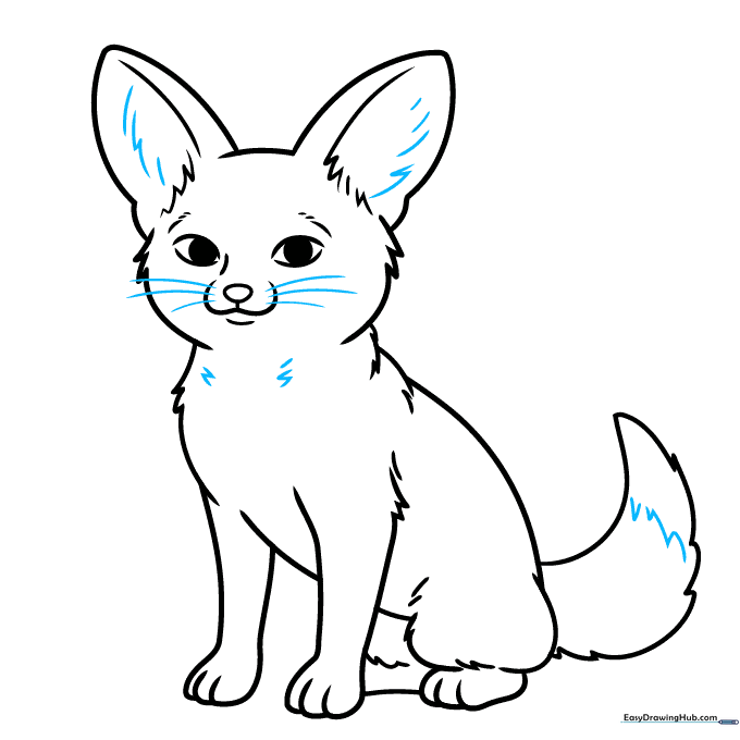 Adding final details like fur texture and whiskers to the fox drawing.