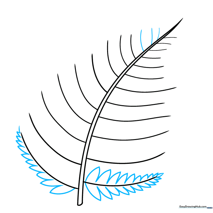 Drawing small triangular leaflets onto the fern branch guidelines.