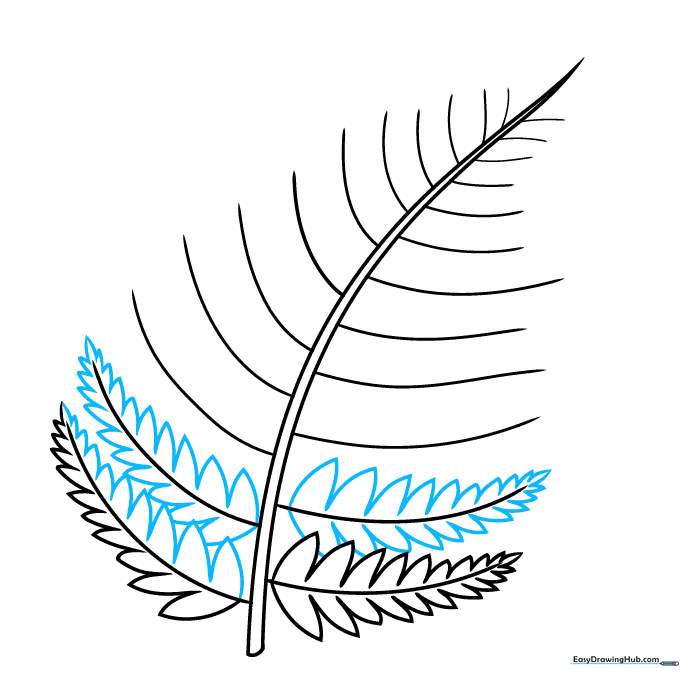 Continuing to add triangular leaflets to the lower branches of the fern.