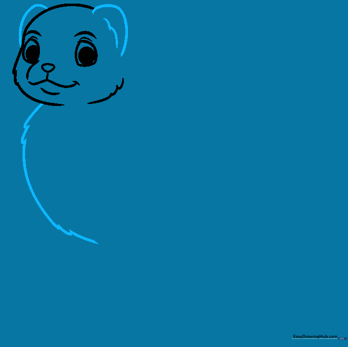 Drawing of a ferret head with small ears and a textured, furry chest line.