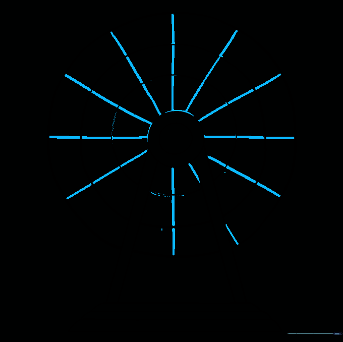 Straight lines drawn from the center hub to the outer rim, creating wheel spokes.