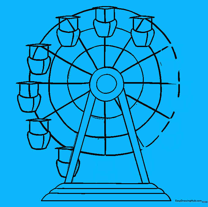 A fully populated Ferris wheel with passenger cars attached to every section.