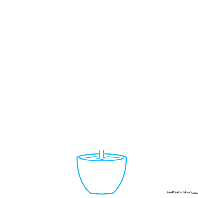 Pencil sketch of a rounded plant pot base with a curved soil line inside.