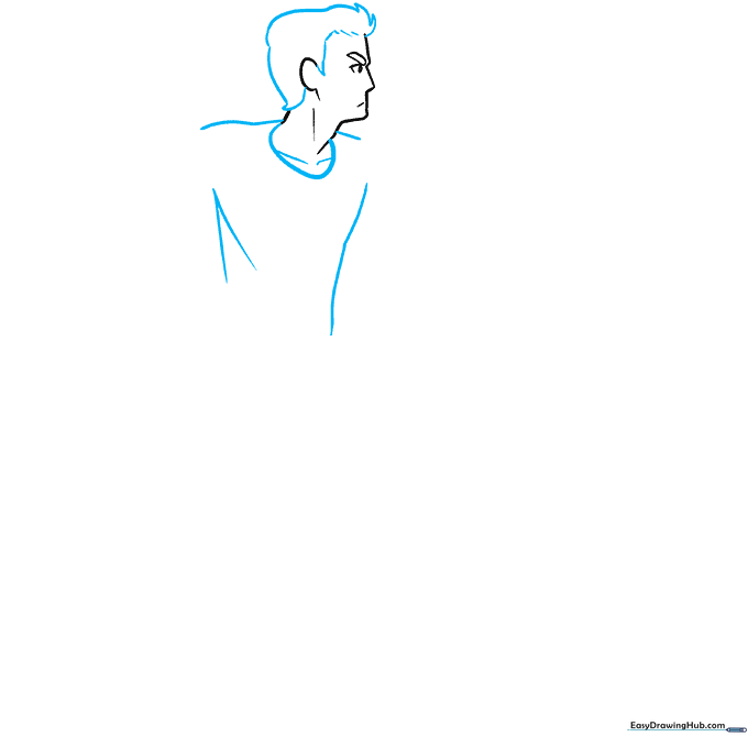 Anime character sketch showing spiky hair, neck, and shoulders with collarbone details.