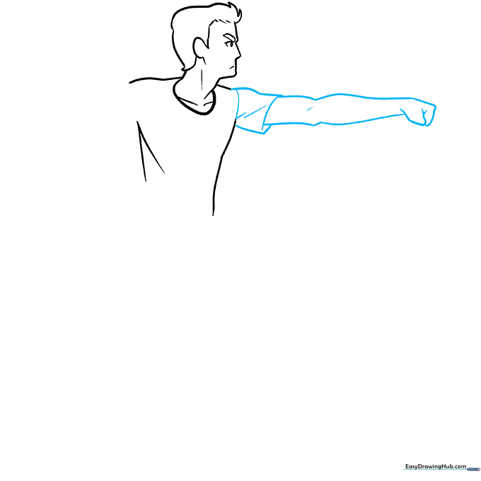 Drawing of an anime character's muscular arm and clenched fist.