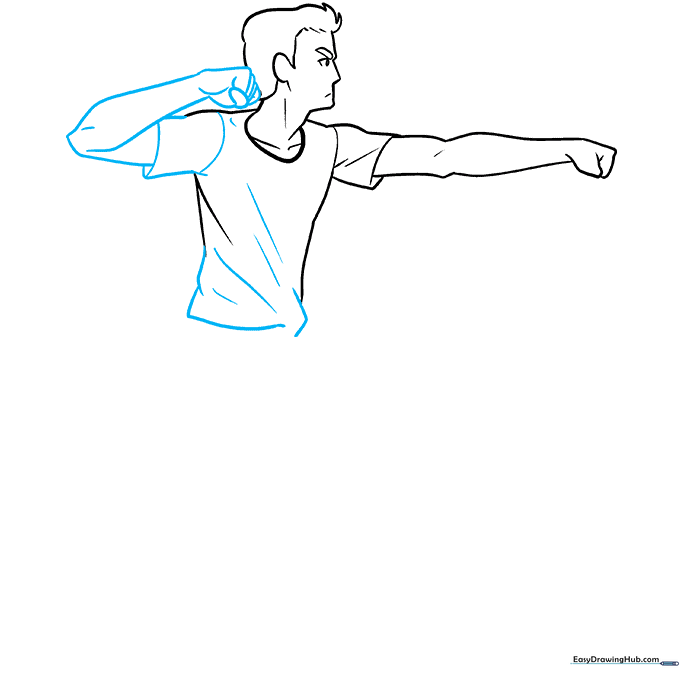 Sketch showing the second arm raised in a fighting stance with a clenched fist.