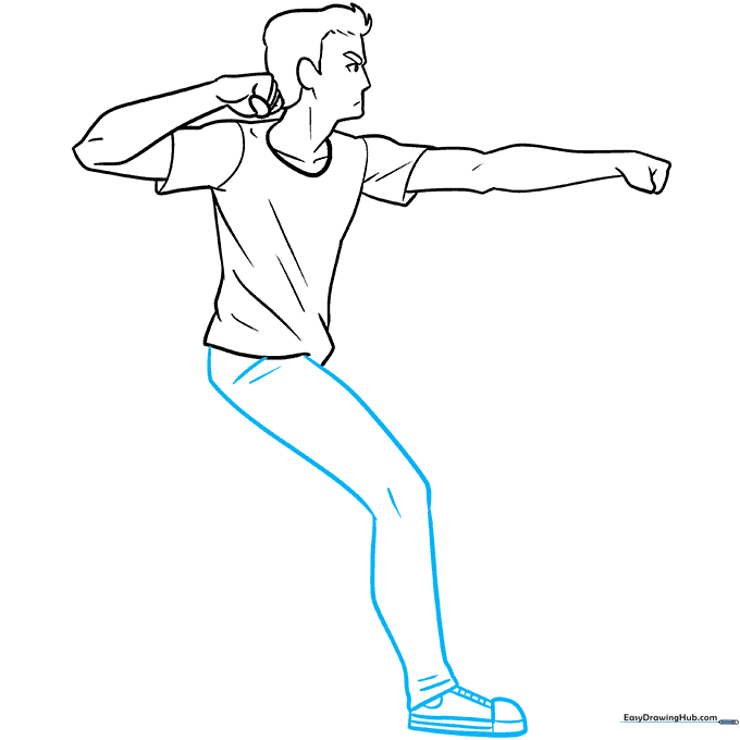 Drawing of an anime character's front leg in a running or fighting stance with a sneaker.