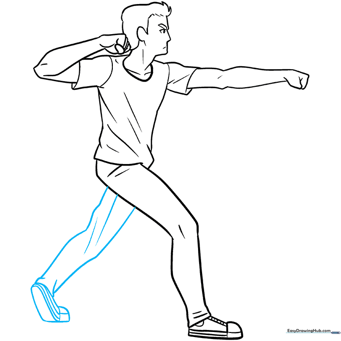 Finalizing the character's pose by adding the back leg and foot in a mid-step position.