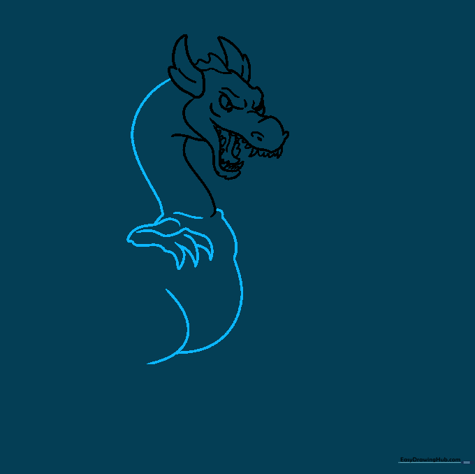 Sketching the dragon's long neck, body, and arm with sharp claws.