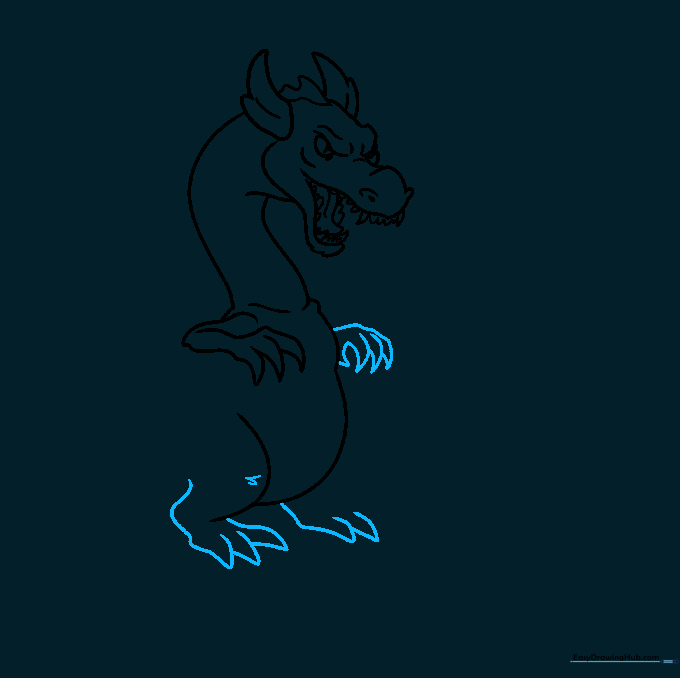 Adding the dragon's legs and feet with large, triangular claws.