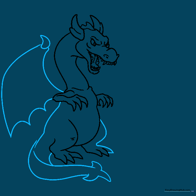 Drawing the dragon's body and large, scalloped wings.
