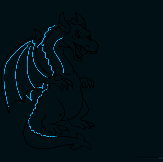 Adding scale textures to the dragon's back and tail using small curved lines.