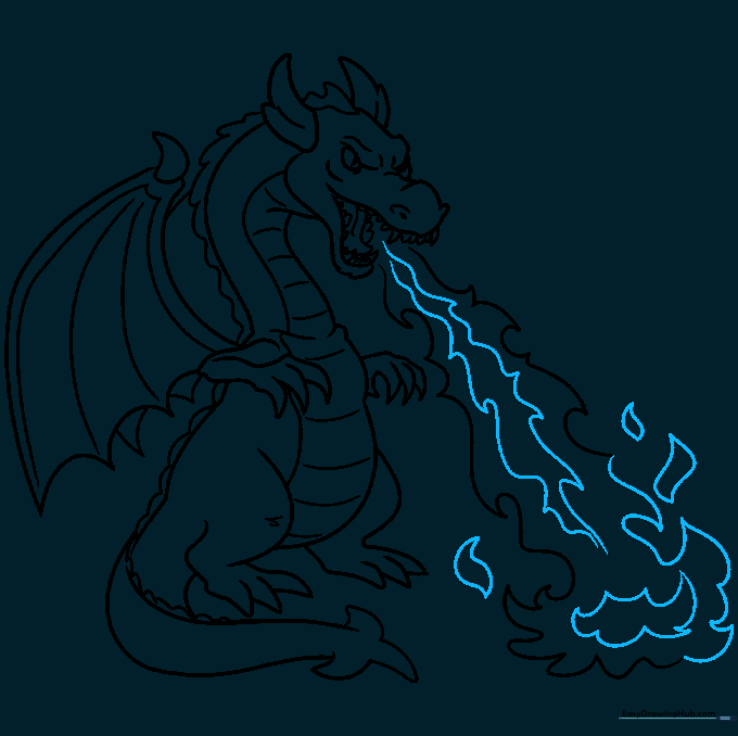 Finalizing the dragon drawing with a bold black outline and added sparks.