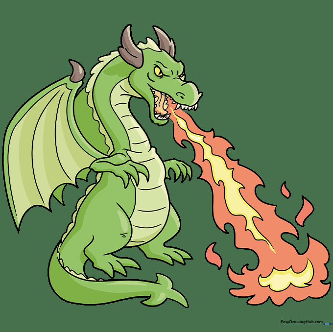 The completed, colored fire-breathing dragon with green scales and bright orange flames.