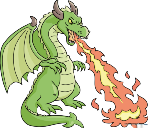 A vibrant, finished cartoon fire-breathing dragon illustration.