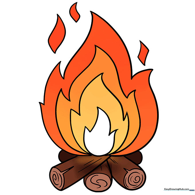 A fully colored, vibrant campfire drawing with yellow, orange, and red flames.