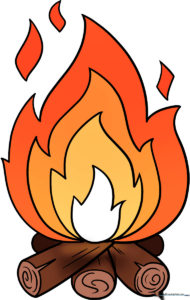 A vibrant, finished drawing of a campfire with bright flames and textured logs.