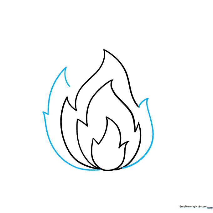 The outer layer of the flames is being sketched with long, sweeping curves.