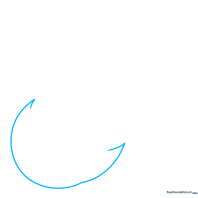 Pencil sketch of a large C-shaped curve with pointed ends, forming the front of a fireball.