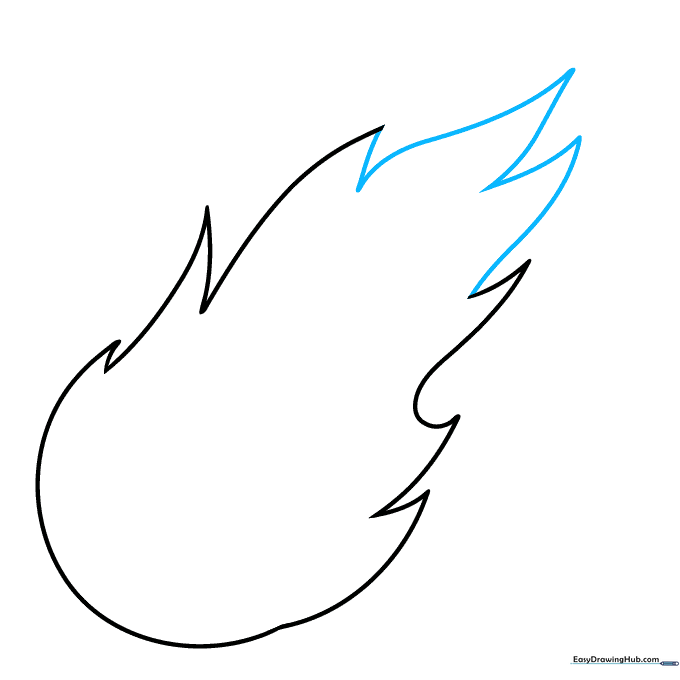 The completed outer outline of an elongated, jagged fireball shape.