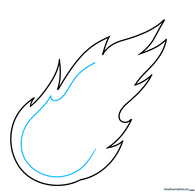 Sketching a secondary, smaller flame shape inside the main fireball outline.