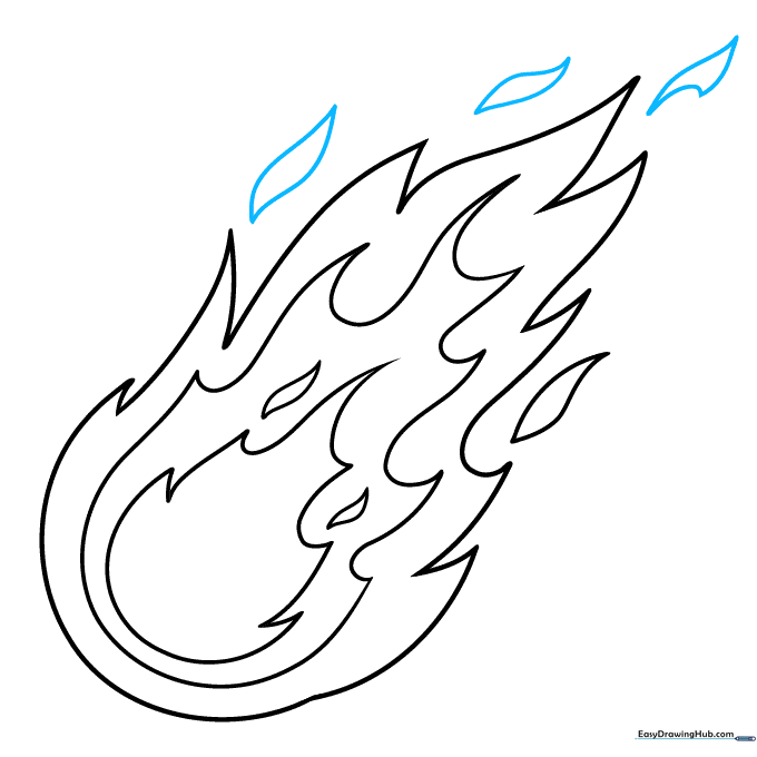 Finalizing the fireball sketch with additional small flame details.