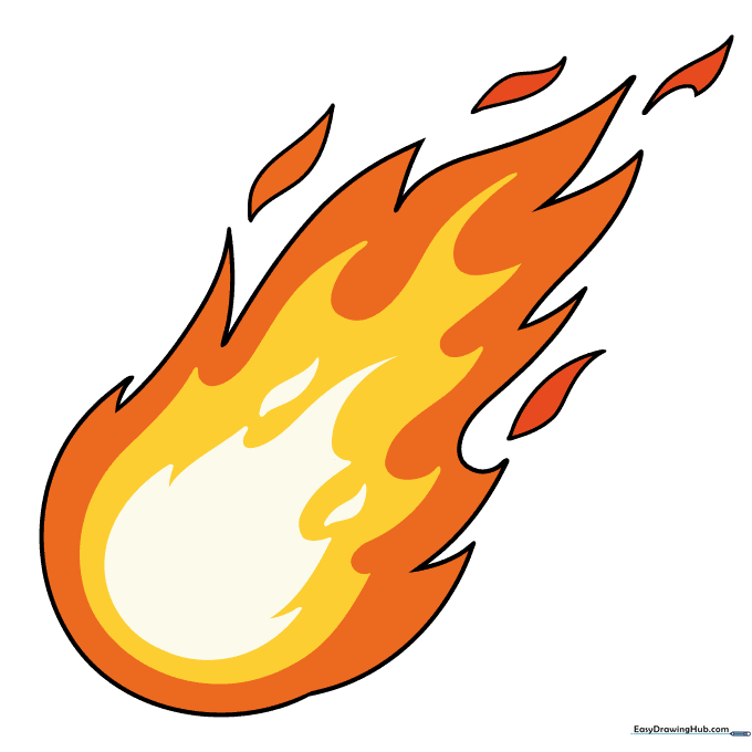 A fully colored, vibrant fireball drawing with yellow, orange, and red gradients.