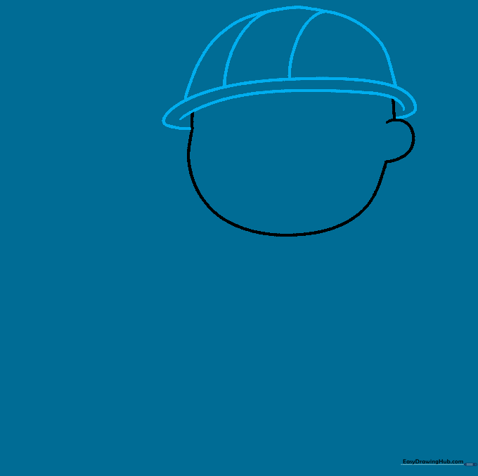 Drawing the brim and crown of a firefighter's helmet.