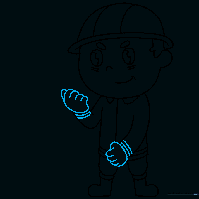 Drawing the firefighter's hands using simple curved lines.