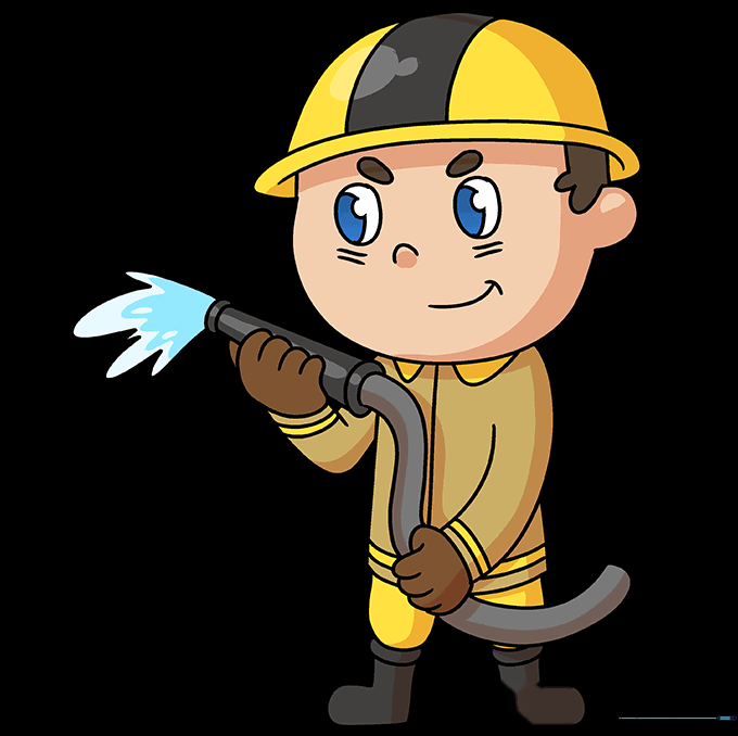 A fully colored, vibrant cartoon firefighter.