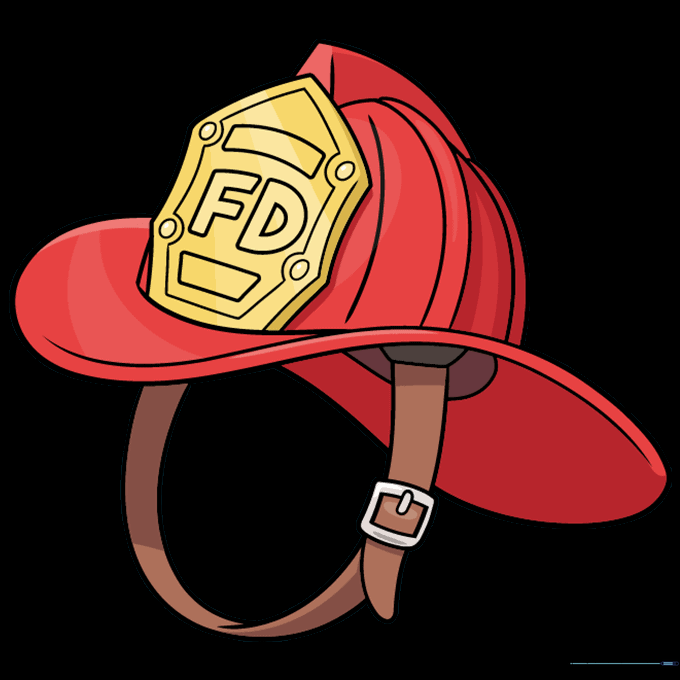 A fully colored, vibrant red firefighter helmet drawing.