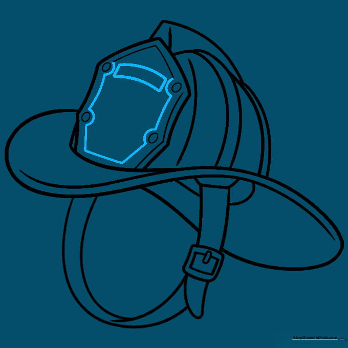 Refining the badge emblem with connecting lines and a central rectangle.