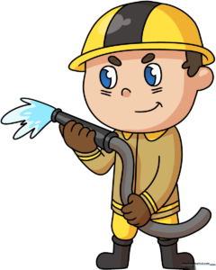 A finished, colorful drawing of a friendly firefighter holding a hose.