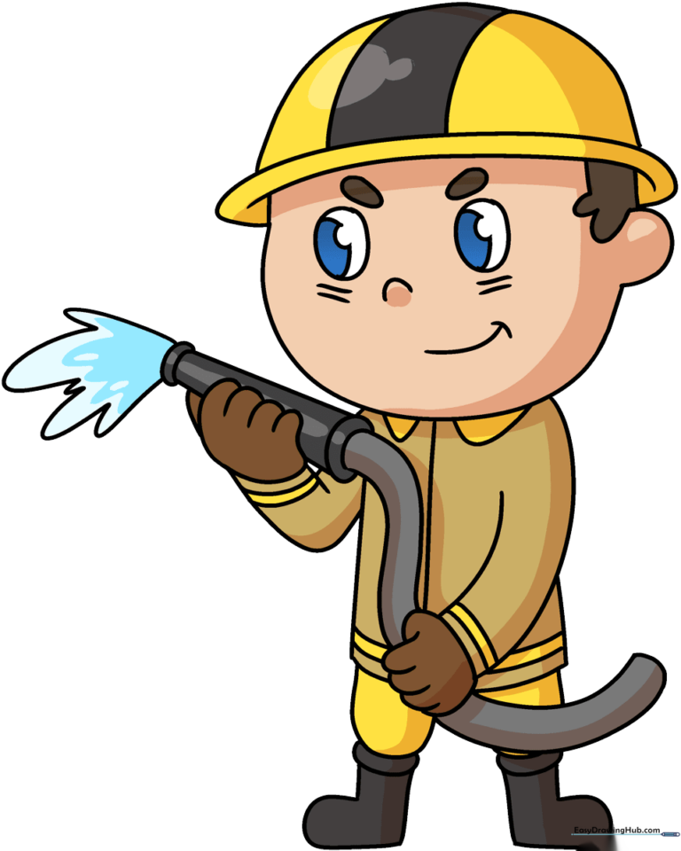 A finished, colorful drawing of a friendly firefighter holding a hose.