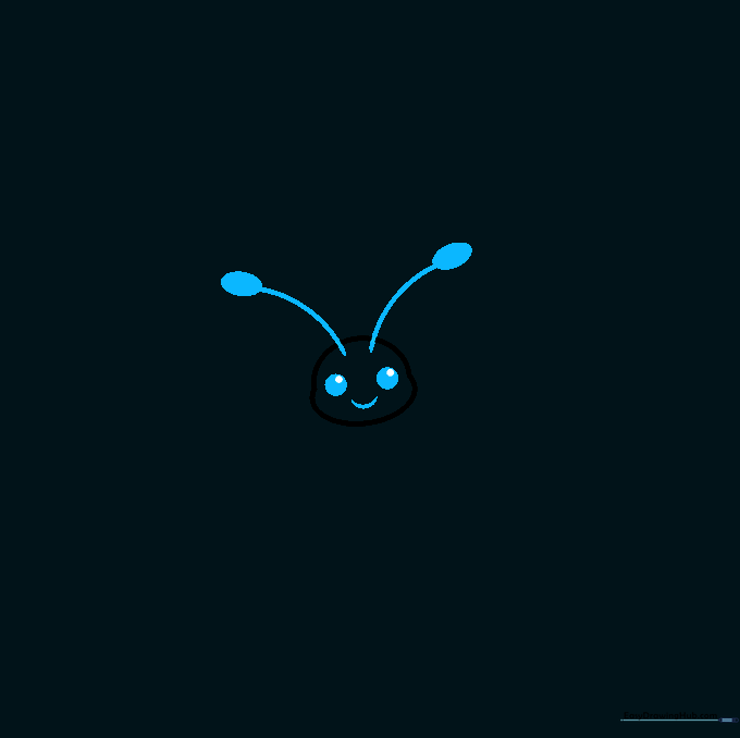Close-up of a cartoon firefly face with large eyes, a smiling mouth, and two antennae.
