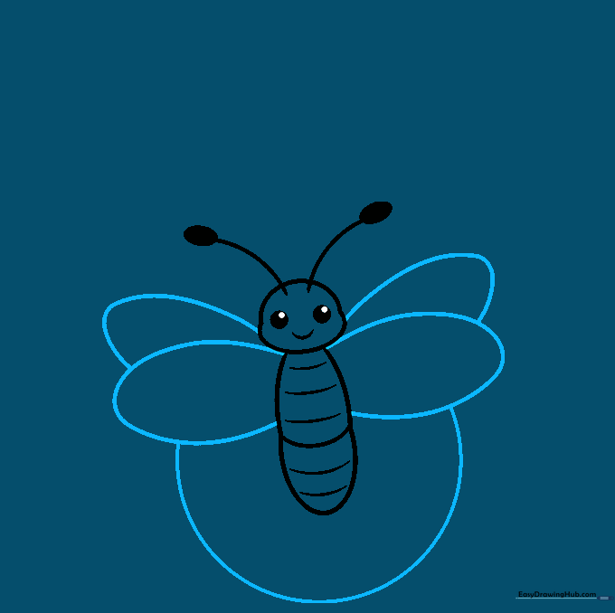 Firefly with wings attached and a glowing aura circle around its tail.