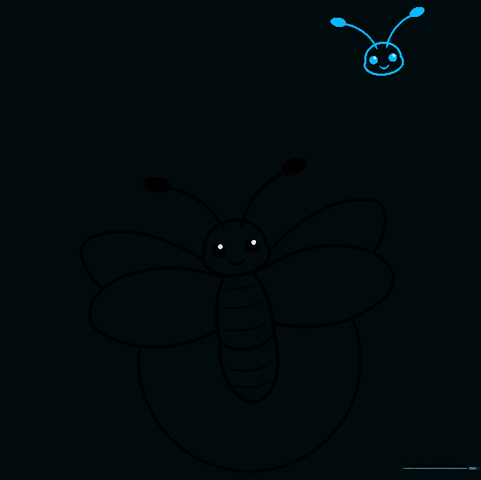 The head and facial features of a second, smaller firefly being drawn.