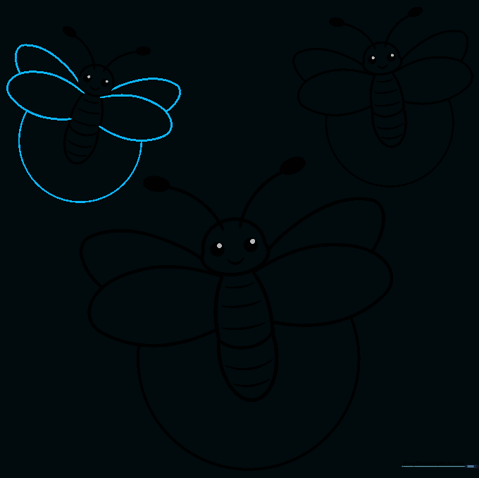 Three fireflies now fully outlined on the page.