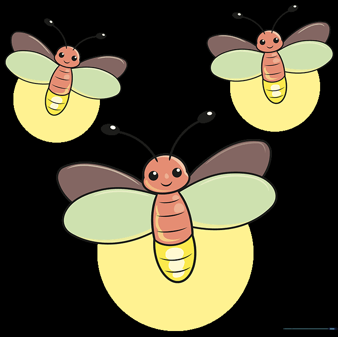 The finished firefly drawing, fully colored with black, orange, and glowing yellow accents.