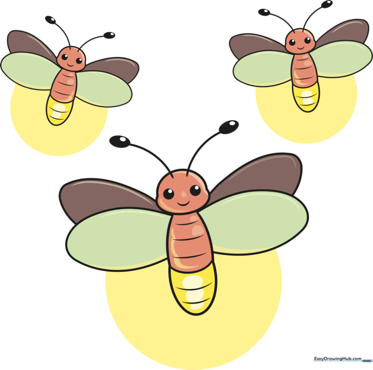A vibrant, finished illustration of three cartoon fireflies glowing in the dark.